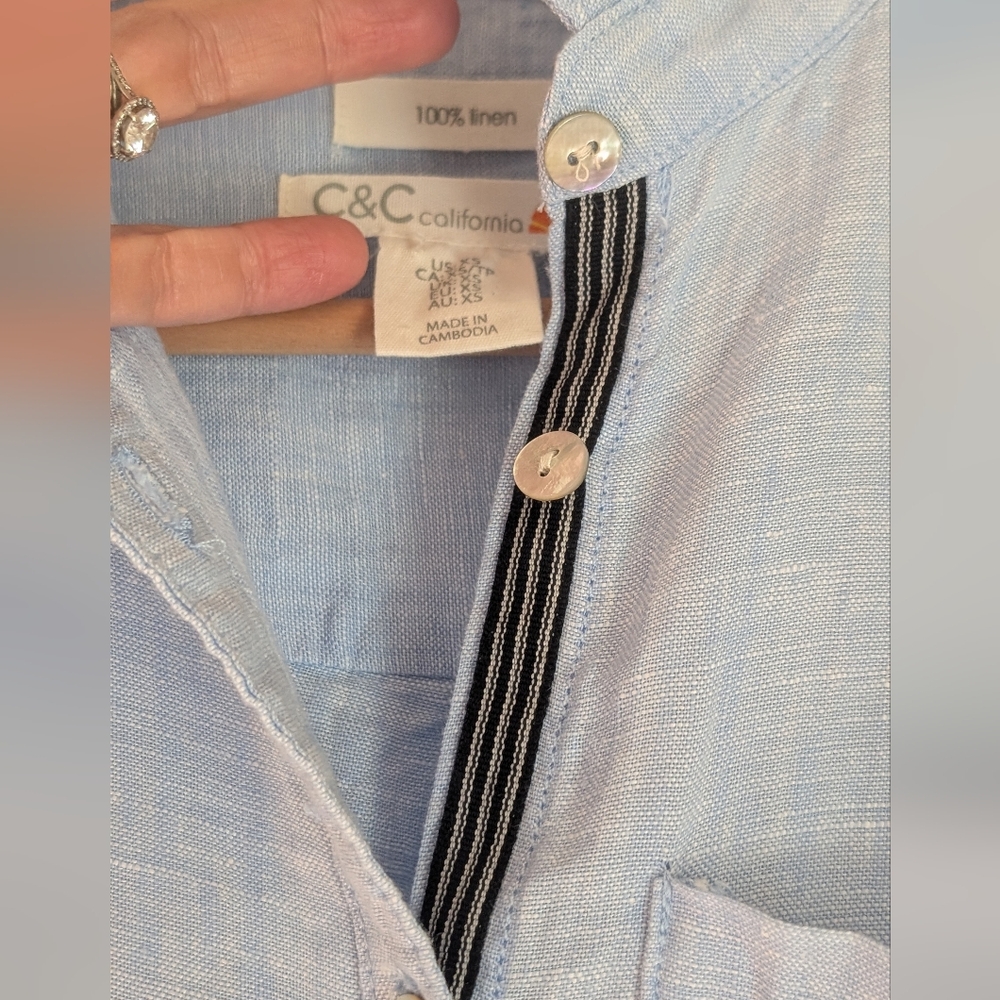 C&C CALIFORNIA Blue Linen Roll Tab Sleeve Contrast Inner Line Shirt Dress Sz XS - Picture 5 of 11